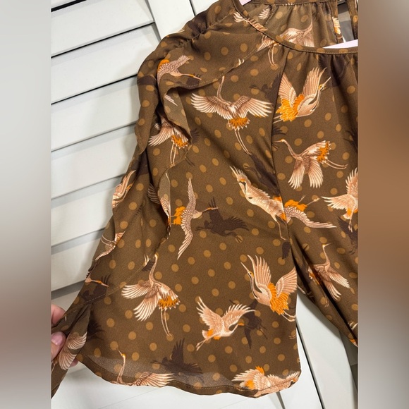 Happy Nature by Kate Hudson Brown Floral & Crane Women's Midi Dress Size Small - Picture 6 of 7